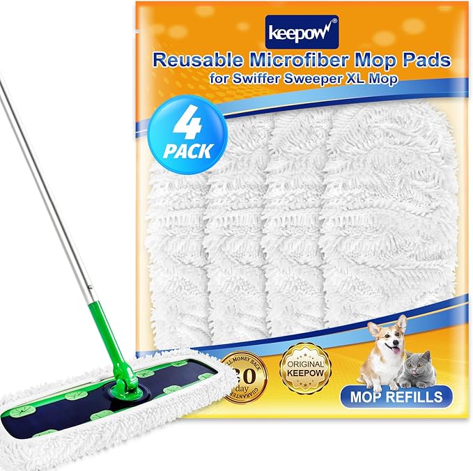 KEEPOW Reusable XL Wet Refills Compatible with Swiffer Sweeper XL, X-Large Dry Sweeping Cloths, Wet Mopping Cloths, Washable Microfiber XL Mop Pads Refills for Surface/Hardwood Floor Cleaning, 4 Pack | X-Large Dry Sweeping Cloths, Wet Mopping Cloths, W...