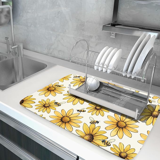 Floral Sunflower Bee Dish Drying Mat of Kitchen Counter 18×24 Inch | Yellow，Polyester，Absorbent Microfiber，for Kitchen Coffee Dining Bar Decor