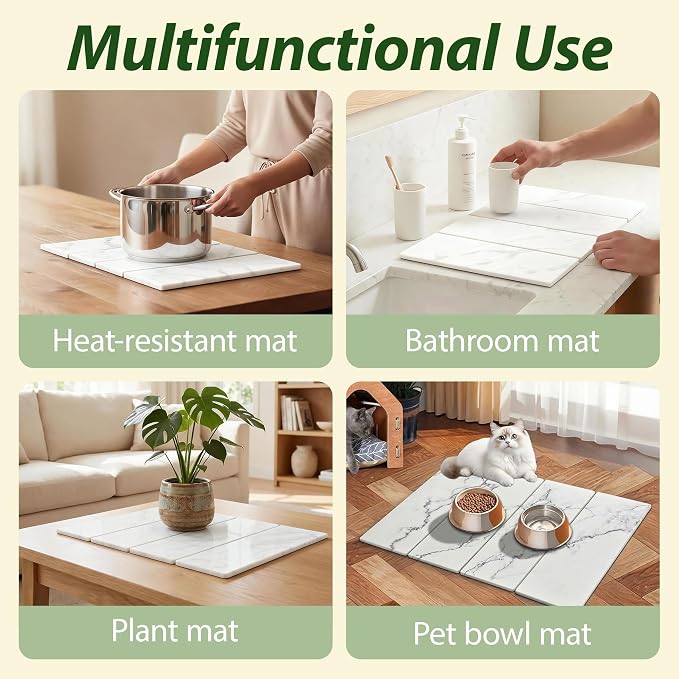 Large Stone Drying Mat for Kitchen Counter, 24"x16" Collapsible Quick Dry Dish Drying Mat, Water-Absorbent Marble Diatomaceous Earth Mats for Bottles Cups Dishes, Match Any Countertop