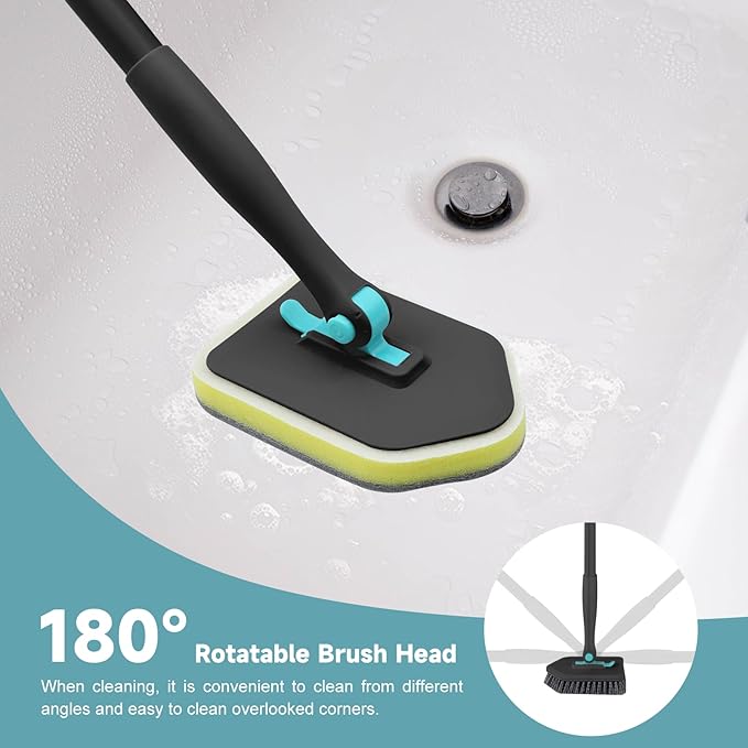 nacena Shower Scrubber with Long Handle, 4 in 1 Tile Tub Scrubber Brush with 3 Detachable Cleaning Shower Heads and Floor Squeegee Shower Cleaner Brush for Bathroom Kitchen Tub Sink Floor, Black