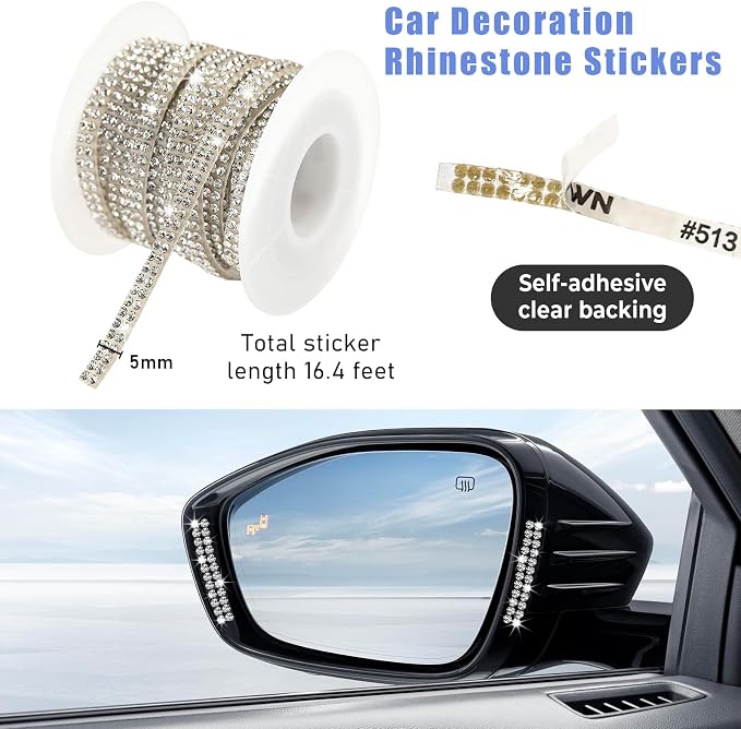 Bling Car Trim Self Adhesive, 16.4 Ft Rhinestone Auto Dashboard Line Molding Sticker Strips, DIY Bling Car Interior Decor Sticker for Women Girls, Vehicle Exterior Accessoreis (White)