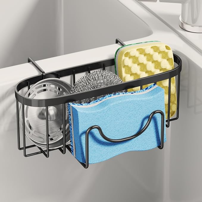 SWTYMIKI Sponge Holder for Kitchen Sink - Movable Kitchen Sink Caddy with M Shape Hook Stainless Steel Hanging Sponges Caddy Organizer in Double Bowl Sinks Depth>3.15in, Middle Divider<1.5in, Black L
