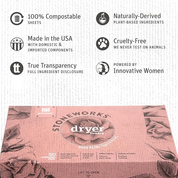 Grab Green Stoneworks Dryer Sheets, 160 Count, Fragrance Free, Compostable | Softens fabrics; Reduces Static; Cruelty-free; Plant & Mineral Based; No Harsh Chemicals