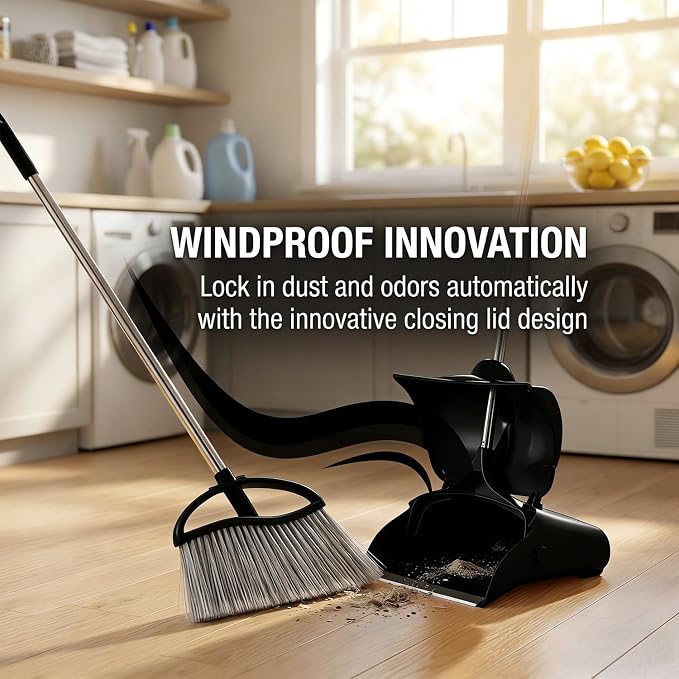 Long Handle Heavy Duty Broom and Dustpan Set, Outdoor and Commercial Upright Dustpan and Brush for Restaurant Garage Garden Yard Office,Black