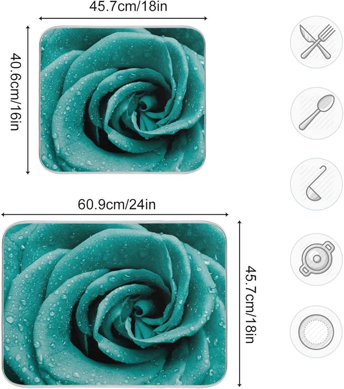 Super Absorbent Dish Drying Mat, Microfiber Fast-Drying Dish Mat, 16" x 18", Kitchen Dish Drying Pad Hipster Turquoise Rose Petals