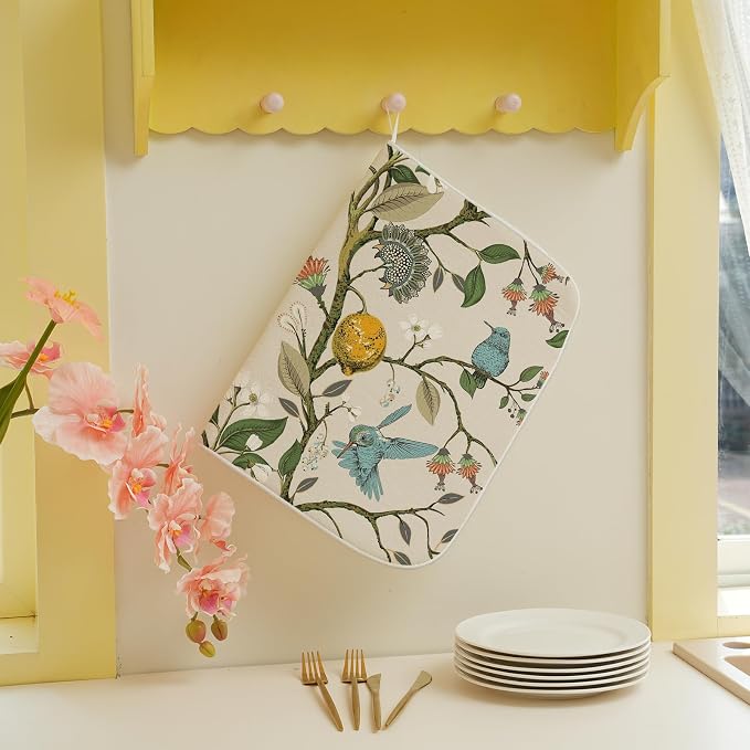 Boho Dish Drying Mat 18x24 Inch Vintage Lemon Floral Blue Bird Drying Mat Chinoiserie Flower Spring Summer Seasonal Absorbent Dish Drying Pad Dish Rack Drainer Mats for Kitchen Dining Counter