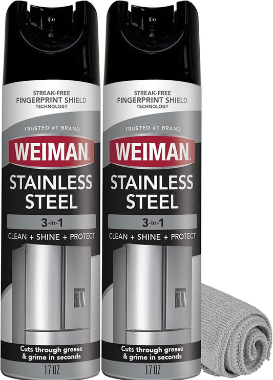 Weiman Stainless Steel Cleaner & Polish, 2 Pack Aerosol, Anti Fingerprint Spray Stainless Steel Cloth, Water Spots & Grease, No Streaks or Residue, Safe for Metal Polish, Chrome, Appliances & Sinks