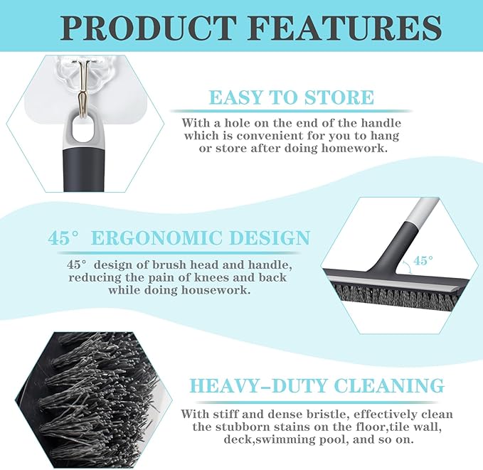 AONEZ Floor Scrub Brush with Long Handle - Adjustable Handle 2 in 1 Scrape and Heavy-Duty Stiff Bristle Floor Scrubber Brush for Cleaning Bathroom, Kitchen Patio Tile Garage and Deck