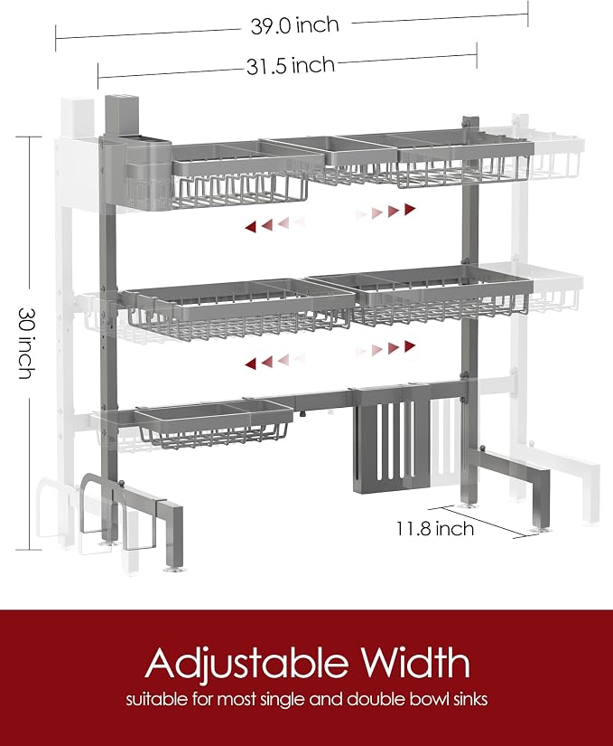 Sakugi Dish Drying Rack Over The Sink, Dish Drainer for Kitchen Counter | Stainless Steel Storage Organizer with Utensil Knife Holder & Hooks, Adjustable 11.8"Dx31.5"~39"Wx30"H, Grey