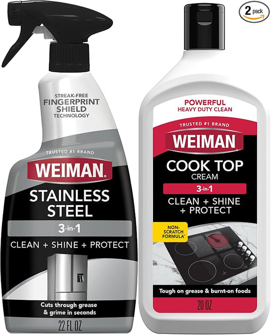 Weiman Stainless Steel Cleaner & Cooktop Heavy Duty Polish - Powerful Appliance Kitchen Cleaning Kit