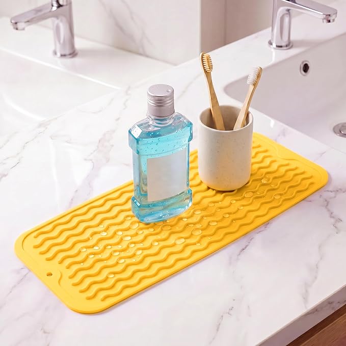 MicoYang Silicone Dish Drying Mat for Multiple Usage,Easy clean,Eco-friendly,Heat-resistant Silicone Mat for Kitchen Counter,Sink,Bar,Bottle,or Cup Yellow M 17 inches x 6 inches
