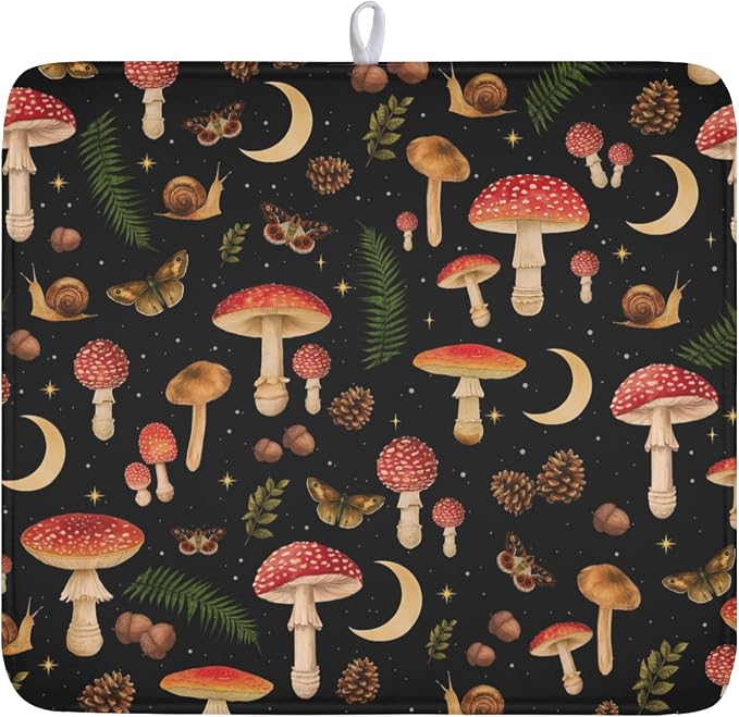 Botanical Mushroom Fern Leaf Dish Drying Mat 16x18 Inch | Butterfly，Polyester，Absorbent Microfiber，for Kitchen Coffee Dining Bar Decor