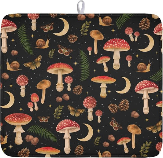 Botanical Mushroom Fern Leaf Dish Drying Mat 16x18 Inch | Butterfly，Polyester，Absorbent Microfiber，for Kitchen Coffee Dining Bar Decor