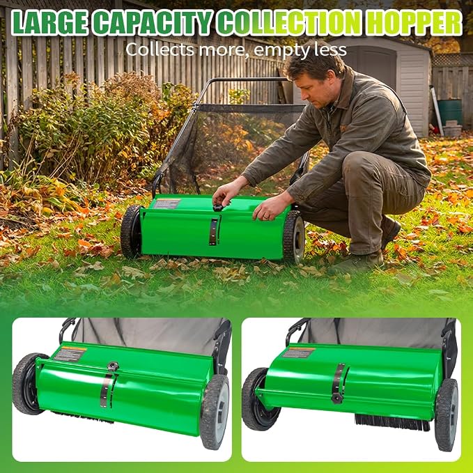 PPOLB 26" Push Lawn Sweeper, 7 cu.ft Large Capacity Yard Sweeper Push, 5:1 High-Density 4 Brushes, Adjustable Height, Heavy Duty Leaf Collector with Detachable Hopper, Rubber Wheels, Ergonomic Handle