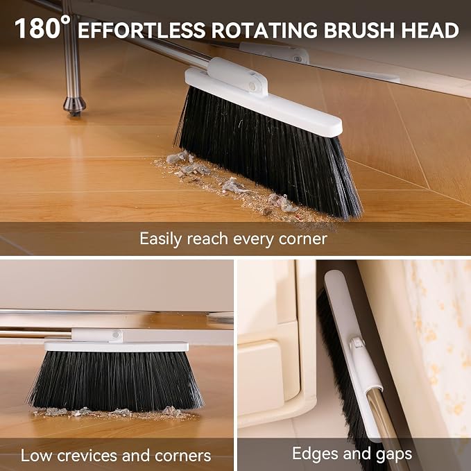 MOPALL Broom with Dustpan Combo Set Collapsible Standing Inc 2 Broom Heads | 53" Long Handle, Self-Cleaning Dust Pan Teeth, 180° Swivel Brooms Head, Upright Standing for Sweeping Indoor Dog Cat Hair