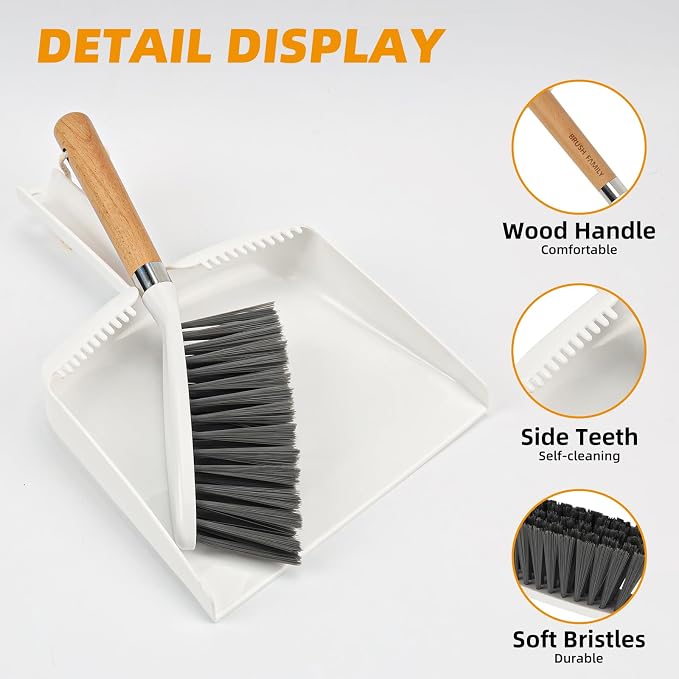 Small Broom and Dustpan Set, Multipurpose Dustpan and Brush Set with Wood Handle Teeth,13 x 8.7 inch, Hangable Portable Cleaning for Kitchen, Desktops, Bedroom, Pet Care, Camping, White,1 Set