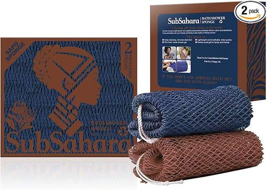 SubSahara Authentic African Net Sponge - 2 Pieces Exfoliating Scrubber for All Skin Types, Bath Sponge for Face & Body, Travel Portable, Durable, Gentle Exfoliation (Navy Blue & Brown)