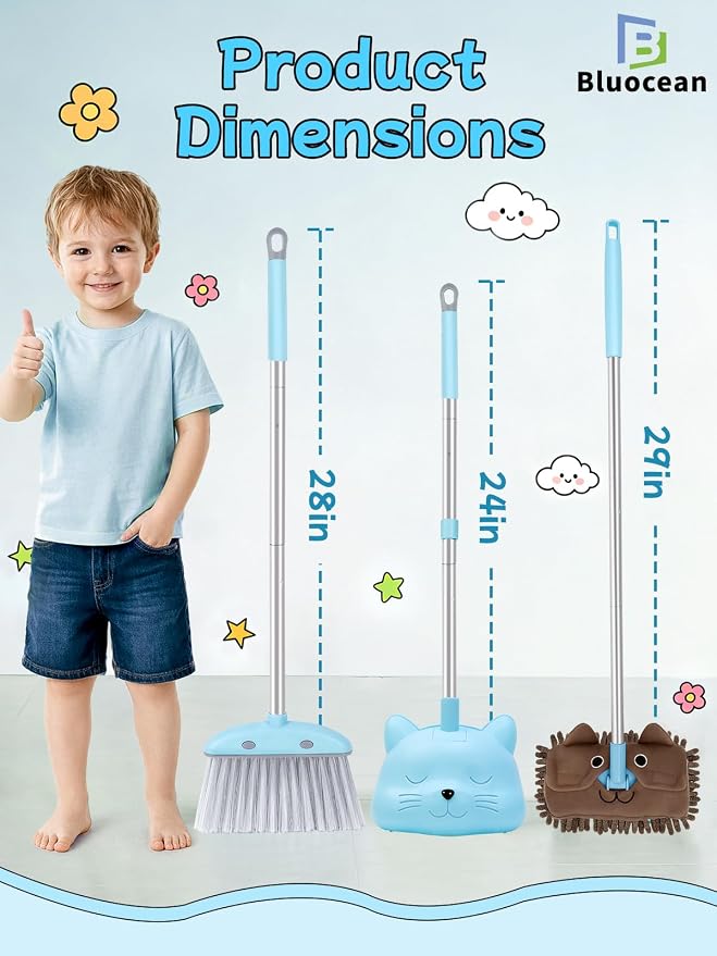 28'' Kids Mini Broom with Dustpan & Mop Set - Toddler Cleaning Toy, Toddler Household Helper, Parent-Child Interactive Play Cleaning Tool, Cute Cartoon Design, Small Safe Corner Broom (Blue)