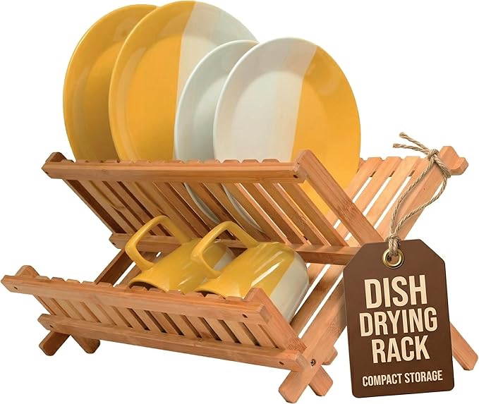 Collapsible Dish Drying Rack 2-Tier Bamboo Dish Drainer for Kitchen Counter | Foldable Wooden Dish Rack, Small Kitchen Drying Rack, Dish Strainer, Holds Plates Cups Bowls Utensils, No Assembly