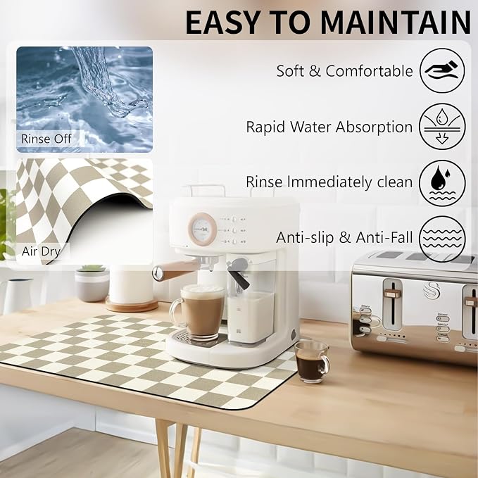 Dish Mat Drying Kitchen Mat, ,16"x 24" Super Absorbent Kitchen Dish Drying Pad for Countertop, Easy to Clean Drainer Mats with Non-slip Rubber Backed for Kitchen Counter, Beige Checkered