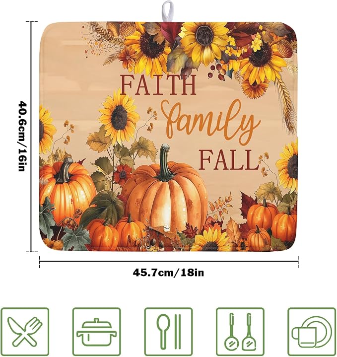 Faith FamilyFall Dish Drying Mat 16X18 Inch Thanksgiving Mats for Kitchen Counter Thanksgiving Autumn Harvest Pumpkin Dish Drying Mat Microfiber Dish Drying Pad Dish Rack Drainer Mat for Coffee Bar