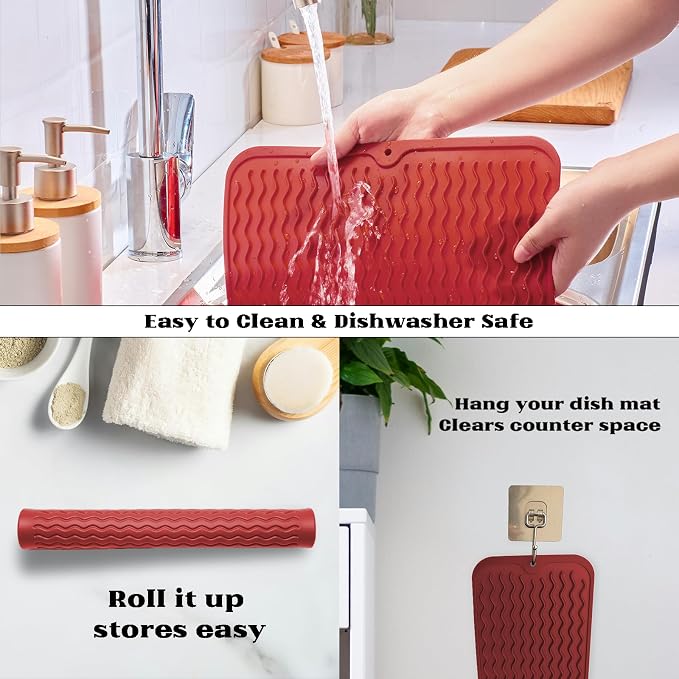 ZLR Silicone Dish Drying Mat for Kitchen Counter (12" x 16" / 307 x 405mm) - Large Fast-Dry Drainer Mat with Raised Wavy Ridges & 5mm Lip - Non-Slip, Heat Resistant 450°F, BPA-Free (Lava Red)