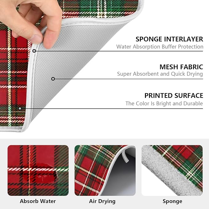 Christmas Red Green Buffalo Checkered Dish Drying Mat for Kitchen Counter Absorbent Microfiber Small Drying Pad Dish Mats for Kitchen Countertops 16 x 18 Inch
