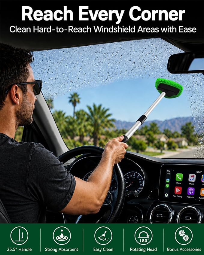 25.5" Extra-Long Reach – Super Absorbent Coral Velvet Windshield Cleaner Tool, Streak-Free Windshield Cleaning Tool Kit with 5 Pads, 2 Spray Bottles & Storage Bag for Auto Glass & Home Windows, Green