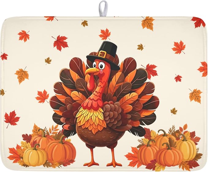 Thanksgiving Dish Drying Mat for Kitchen Counter Autumn Harvest Turkey Pumpkin Maple Leaves Microfiber Dish Drainer Mat Rustic Fall Holiday Absorbent Washable Drying Pad 18"x24"