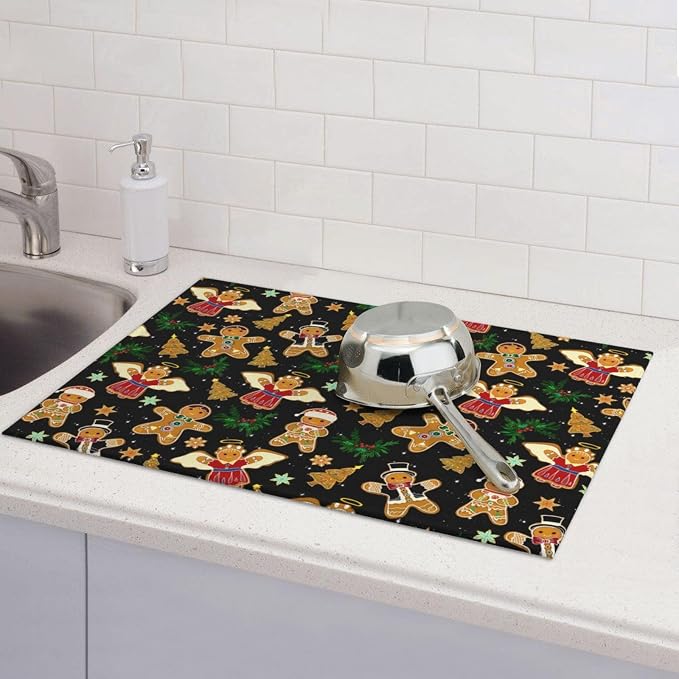 Christmas Gingerbread Dish Drying Mat for Kitchen Counter Cute Kitchen Christmas Dish Mat Microfiber Kitchen Countertop Absorbent Reversible Drainer Rack Pad
