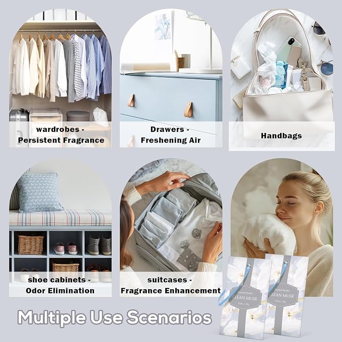 SCENTORINI Scented Sachets for Drawer and Closet, Pure Musk Scent 14 Pack | Long-Lasting Sachets Bags Gift Set, Wardrobe Freshener for Dresser, Closet, Clothes Storage, Suitcases, Gym Bag, Locker