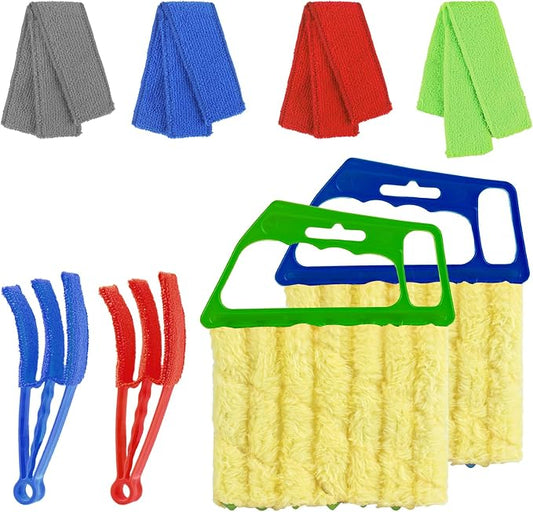 4 Pcs Window Venetian Blind Cleaner Duster Tool Set with 7 Fingers | Blue/Green, For Window Shutters Air Conditioner, Car Vents, Fans. Reusable. Includes 4 Extra Cover