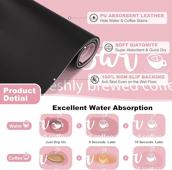 Findosom Dish Drying Mat, 12" x 20" Super Absorbent & Hide Stain Coffee Mat, Cuttable Drying Mat for Kitchen Counter, Coffee Bar Accessories, Under Dish Rack, Coffee Maker, Espresso Machine, Pink