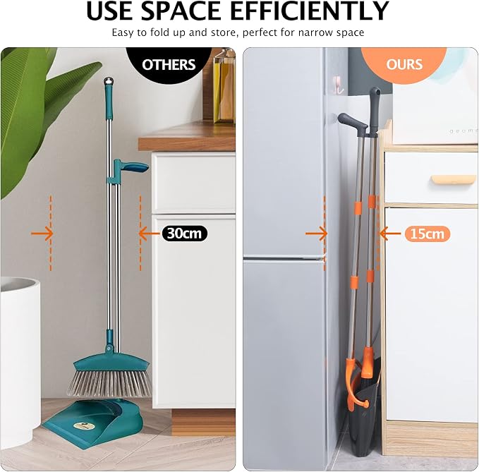 Broom and Dustpan Set,54.72" Long Handle,Standing Dustpan,1-Pack | Light Weight Stainless Steel Poles,Upright Dustpan with Broom Combo,for Home Kitchen Office Pet Dog Hair,Black & Orange