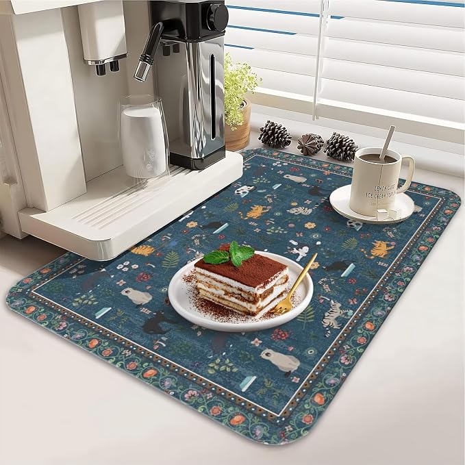 Dish Drying Mat 2-Pack in Vintage Cat Floral for Kitchen Counter Dishes Mat | Diatom Mud Mats (18x24, 19.5x12"). Non-slip rubber back for kitchen counter, coffee bar & sink scenes