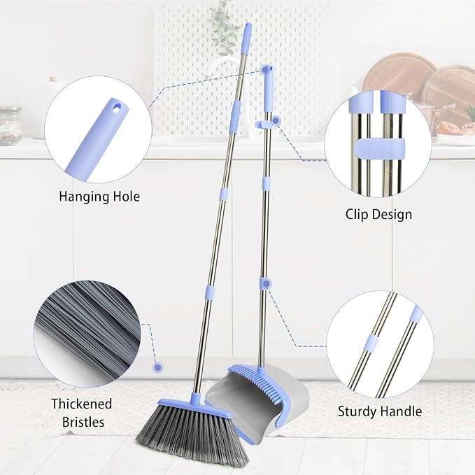 Broom and Dustpan Combo Set, Long Handle and Standing Dust Pan with Comb Teeth, Efficient Floor Cleaning for Kitchen, Outdoor, Dorm, Apartment, Office Lobby (Gray Blue)