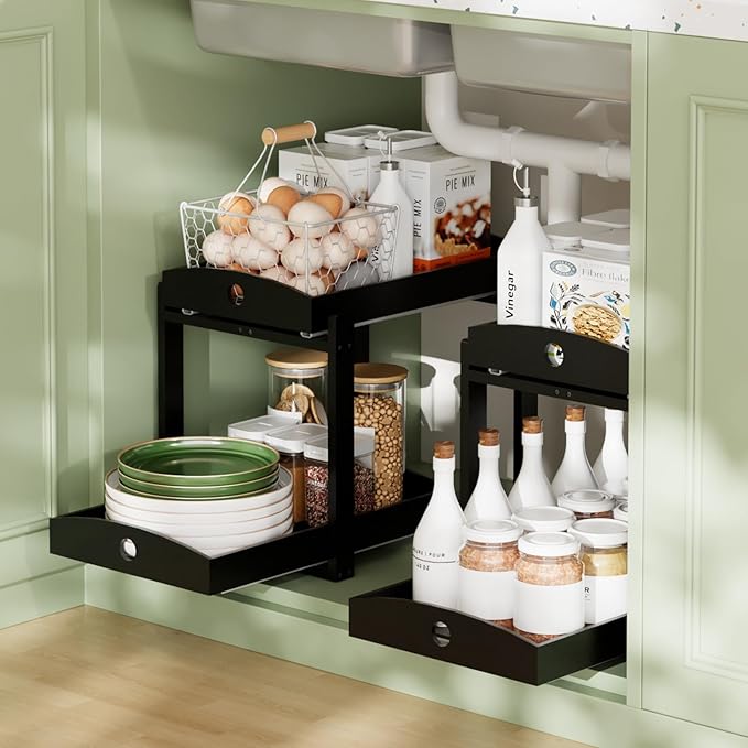 APRTAT 2 Pack Under Sink Organizer, Bamboo Wooden 2-Tier Pull-Out Storage with Sliding Drawers for Kitchen and Bathroom Cabinets, Easy Installation (Black)