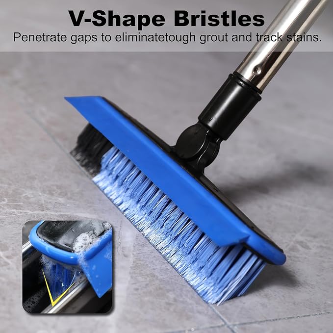 Grout Cleaner Brush with Long Handle, V-Shaped Floor Scrub Brush Swivel Grout Brush Stiff Bristle Floor Grout Scrubber for Bathroom, Tile Line, Crevice, Kitchen, Wall, Deck, Garage (Blue)