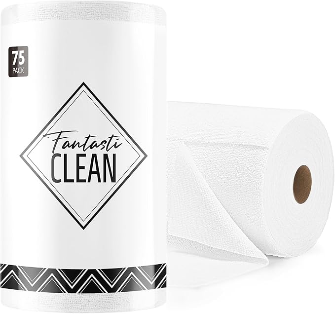Fantasticlean Microfiber Cleaning Cloth Roll- 75 Sheets, 12" x 12" (White) | Super Absorbent, Lint-free, Tear-away Microfiber Towel Roll, for All-Purpose Cleaning, Reusable Alternative to Paper Towels