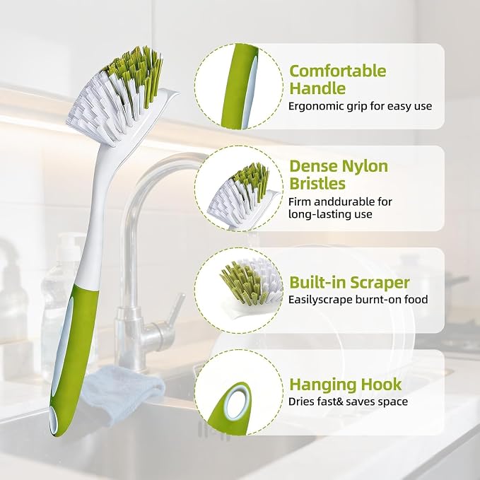 Dish Brush Scrub Brush with Handle - 3 Pack Stiff Bristles Dish Scrubber for Cleaning Dishes, Pots, Pans, Sink, Cast Iron - Hard Bristles,No Residue