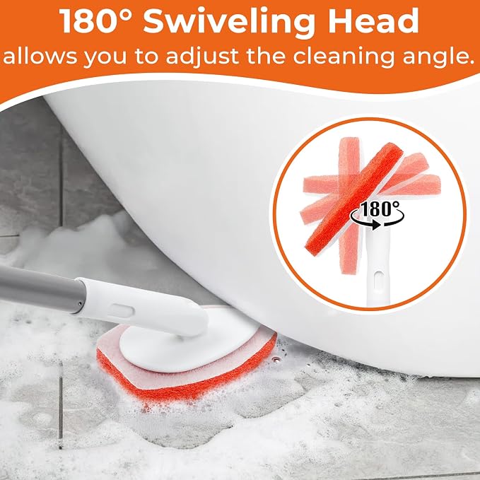 Bathtub Scrubber with Long Handle - Shower Scrub Brush with 8 Replacement Scouring Pads, Bathroom Cleaning Brush for Tub, Tile, Floor