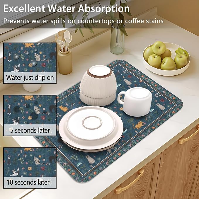 Dish Drying Mat 2-Pack in Vintage Cat Floral for Kitchen Counter Dishes Mat | Diatom Mud Mats (18x24, 19.5x12"). Non-slip rubber back for kitchen counter, coffee bar & sink scenes