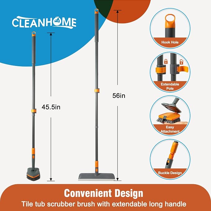 CLEANHOME Floor Scrub Brush Tile Tub Scrubber Brush | 4 Different Cleaning Heads, Shower Brush, 56" Extendable Long Handle, For Kitchen, Bathroom, Tub, Tile, Wall