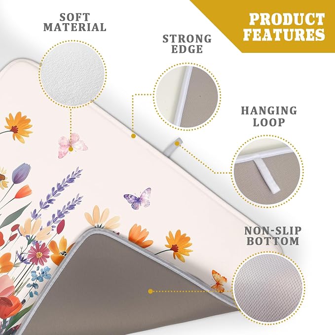 Kawani Spring Summer Flowers Dish Drying Mat for Kitchen Counter 16"x18" Colorful Floral Drying Mat Soft Absorbent Microfiber Farmhouse Fluttering Butterfly Dish Drainer Rack Mats for Counter tops