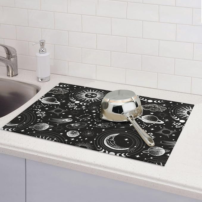 Sun And Moon Dish Drying Mat 18 x 24 Inch for Kitchen Counter Cute Kitchen Mat Microfiber Kitchen Countertop Absorbent Reversible Drainer Rack Pad Dish Drying Mat