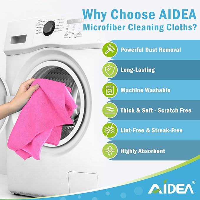 AIDEA Pink Microfiber Cleaning Cloth-12PK, Absorbent Cleaning Rags 12"x12" | Microfiber Towels for Cars Lint Free, Shop Towels, Kitchen Towels Pink Stuff Microfiber Towels, Cleaning Towels for Garage