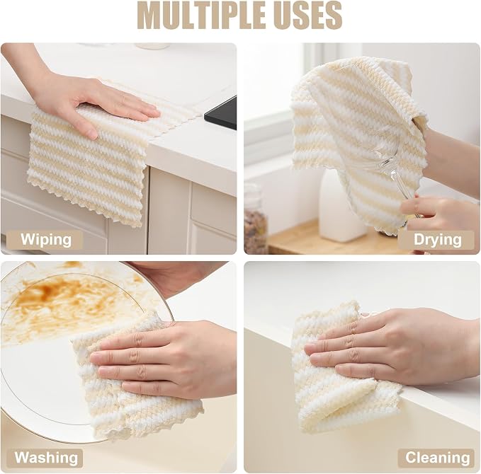 Homaxy 12 Pack Kitchen Dish Cloths, Ultra Soft and Absorbent Dish Towels, Reusable Fast Drying Microfiber Cleaning Cloth, Coral Velvet Wave Design No-lint, 7 x 9 inches, Beige