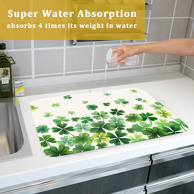 Happy St. Patrick's Day Dish Drying Mat for Kitchen Green Kitchen Dish Drying Mat for Dishes Spring Lucky Clover Shamrock Drying Mats 18x24 Inch Absorbent Reversible Dish Pad for Countertop Coffee Bar