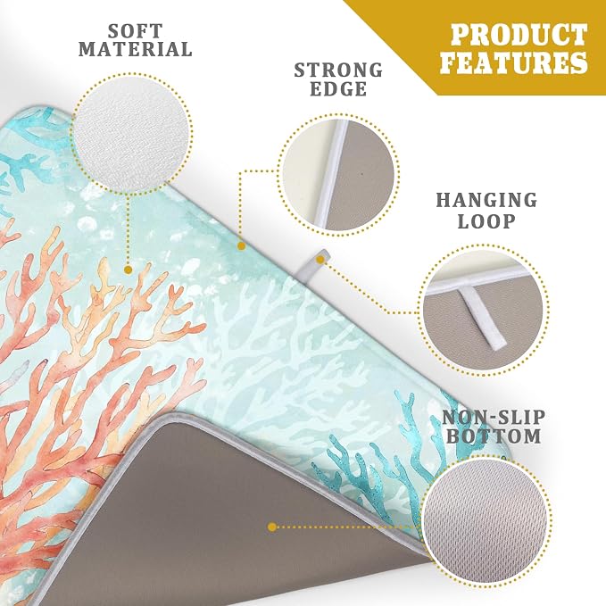 Giwawa Coastal Coral Dish Drying Mat Beach Ocean Drainer Rack Mat 18x24 Inch Microfiber Absorbent Reversible Dish Dry Pad for Kitchen Counter Sink