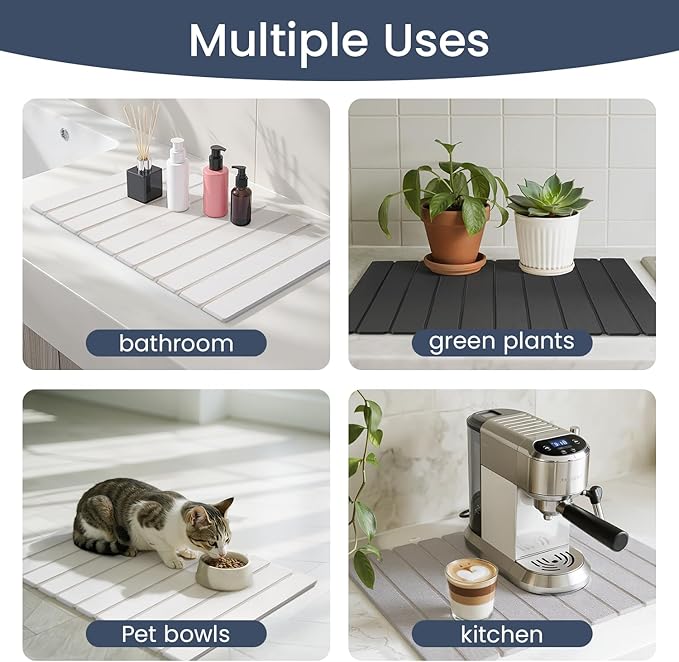 Meowoo Stone Drying Mat for Kitchen Counter, 28.3"x15.7" Foldable Diatomaceous Earth Mat, Super Absorbent, Quick-Dry Bath & Kitchen Pad for Dishes, Cups, Bottles, Non-Slip, Fits Any Countertop - White